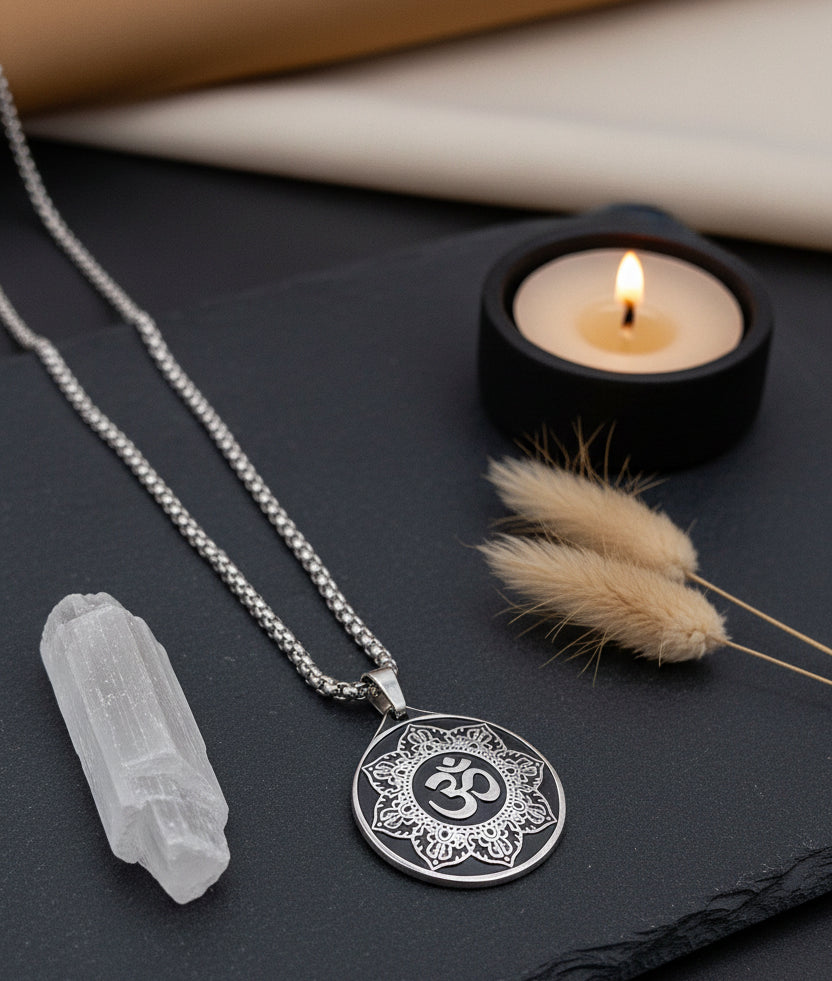Jazz And Sizzle Silver Tone Om Mandala Spiritual Pendant Chain Necklace