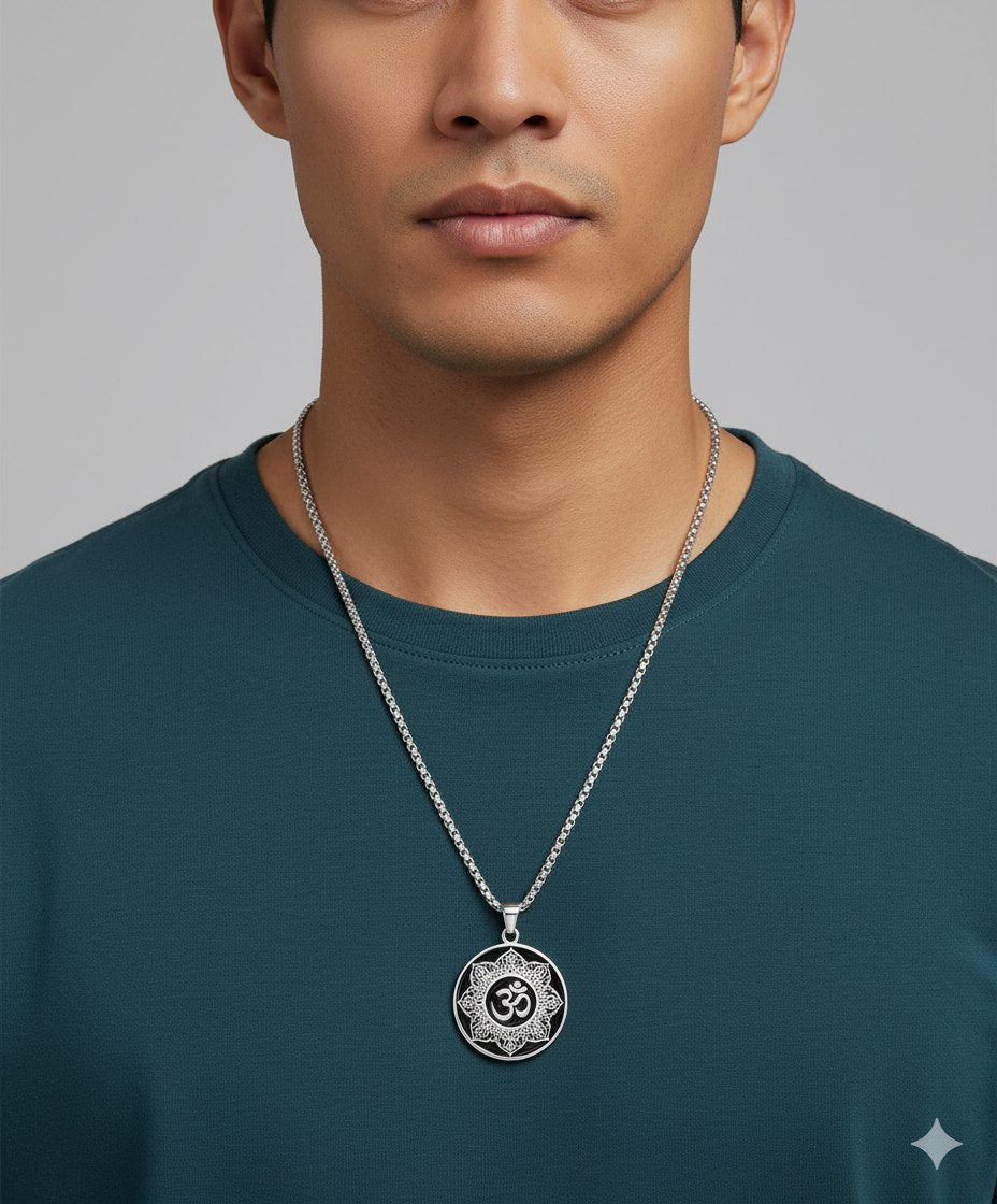 Jazz And Sizzle Silver Tone Om Mandala Spiritual Pendant Chain Necklace