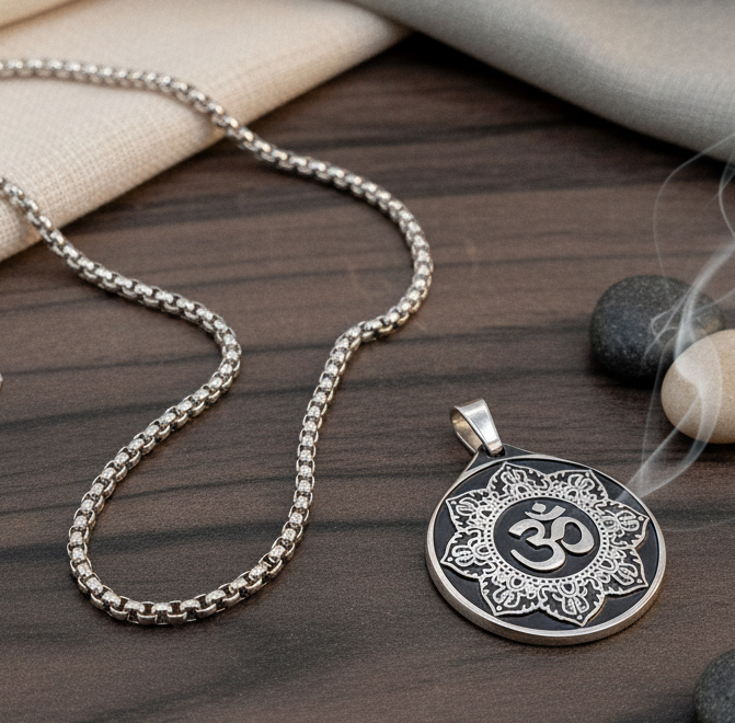 Jazz And Sizzle Silver Tone Om Mandala Spiritual Pendant Chain Necklace
