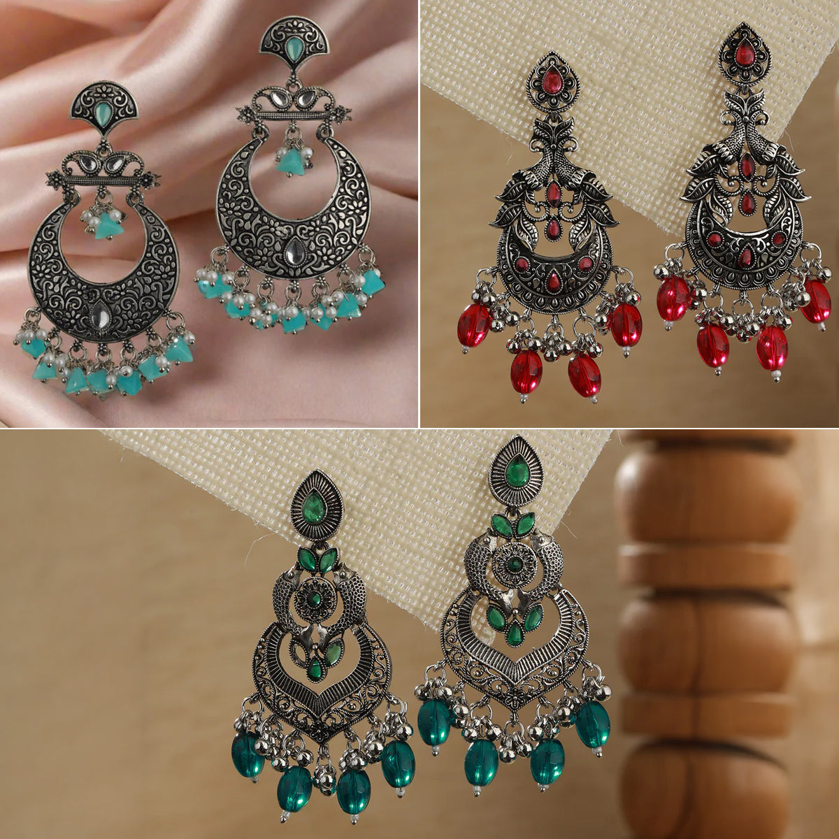 Jazz And Sizzle Set Of 3 Silver Plated Chandbali Earrings Combo For Women