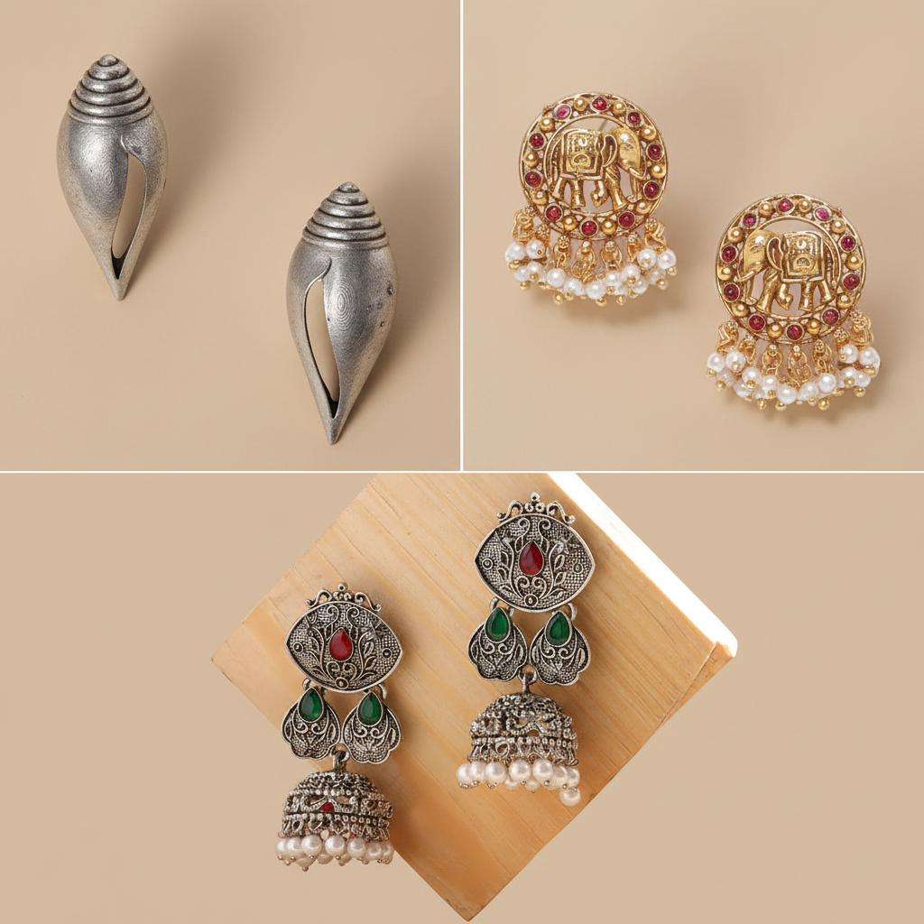 Jazz And Sizzle Set Of 3 Oxidized & Gold Plated Shell, Elephant & Floral Earrings Combo