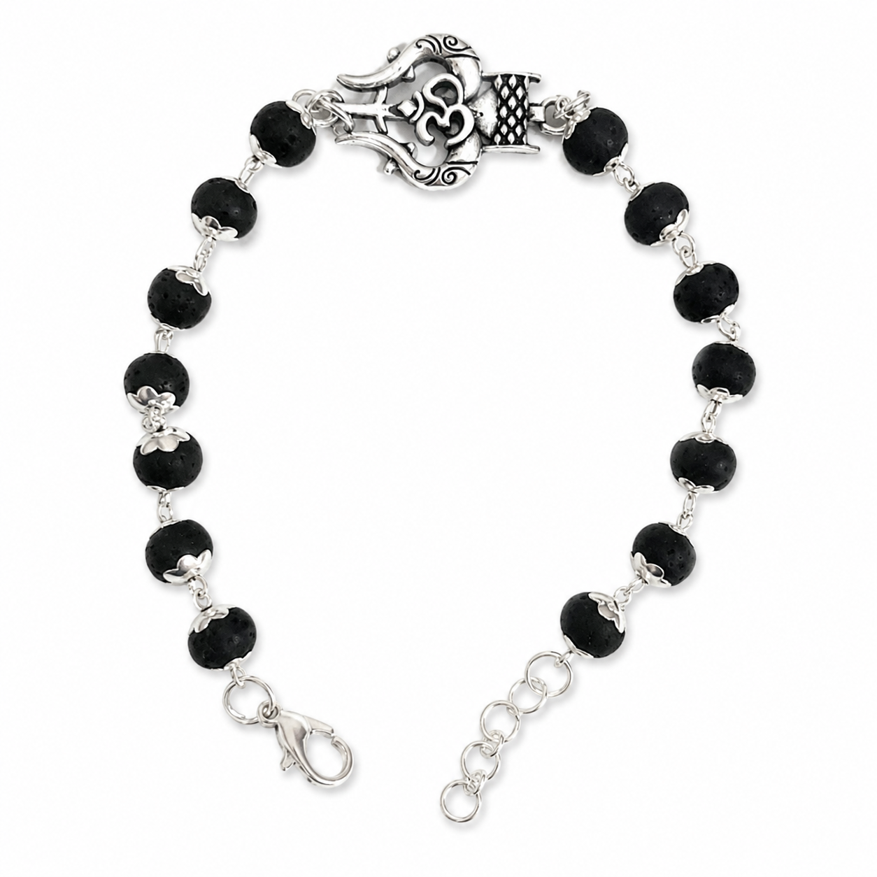 Silver-Toned Om Trishul Black Beaded Spiritual Bracelet for Men-JS-SBR-029