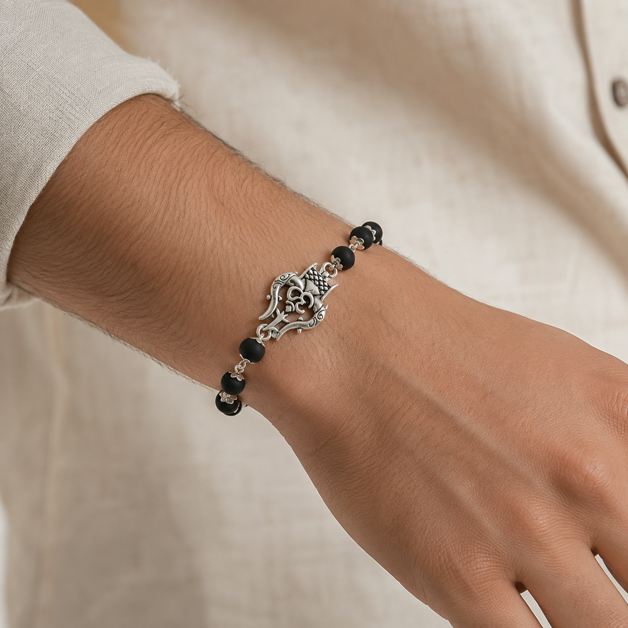 Silver-Toned Om Trishul Black Beaded Spiritual Bracelet for Men-JS-SBR-029