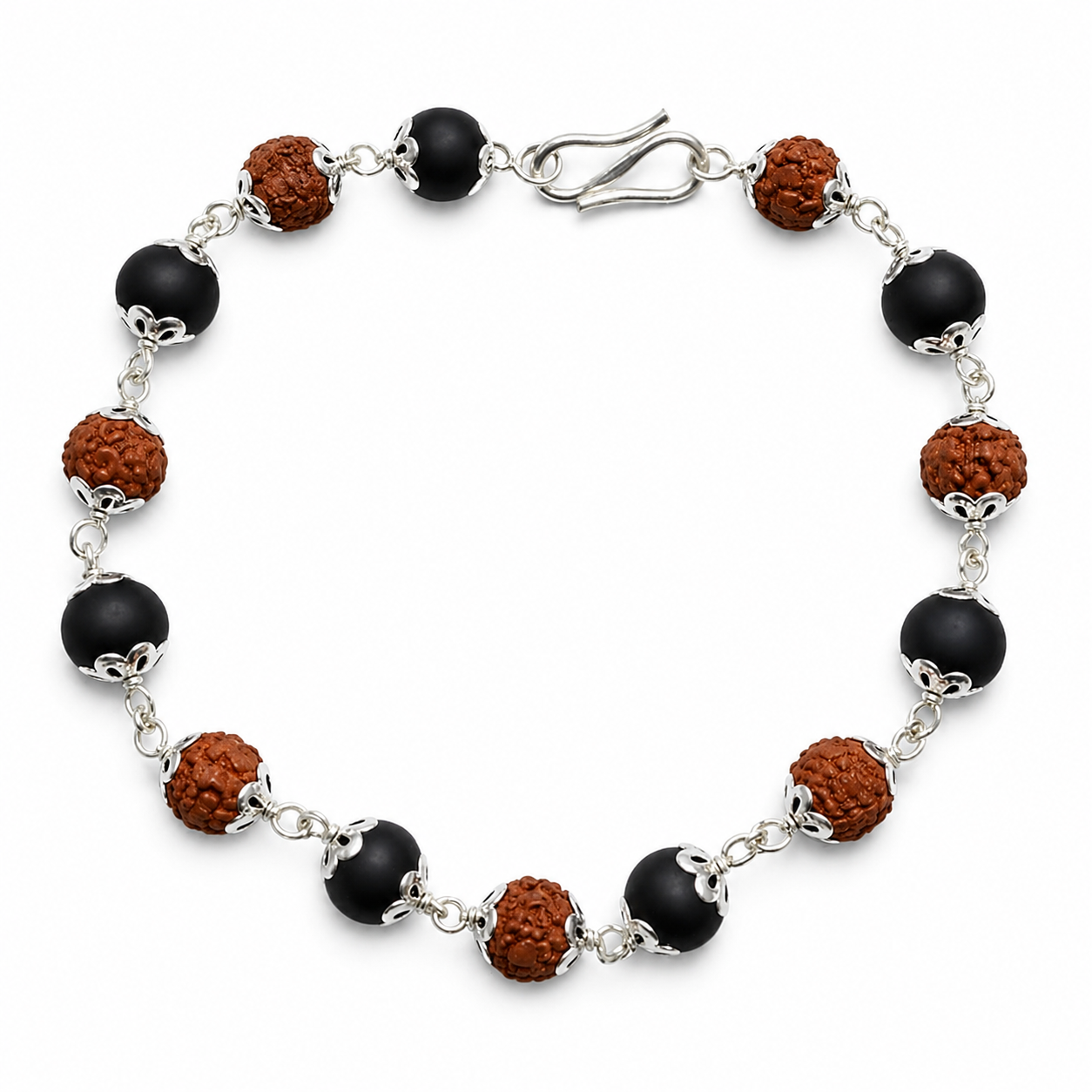 Rudraksha & Black Beaded Silver-Toned Spiritual Bracelet for Men-JS-SBR-030