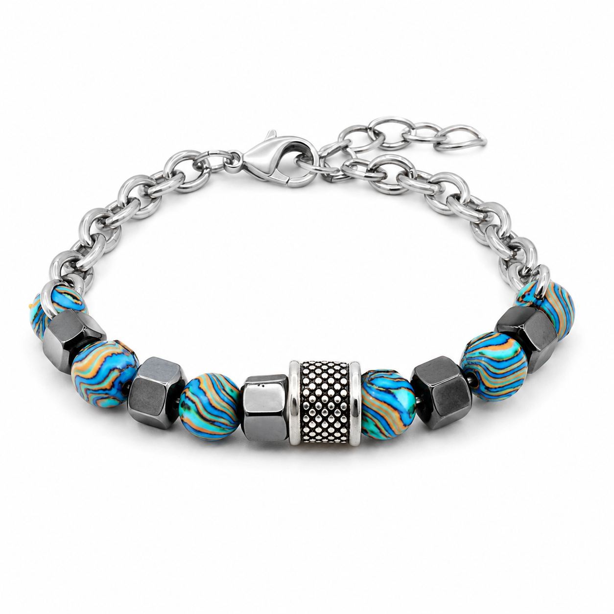 Men’s Stainless Steel Beaded Bracelet | Blue Stone Beads with Chain Design | Anti-Tarnish |