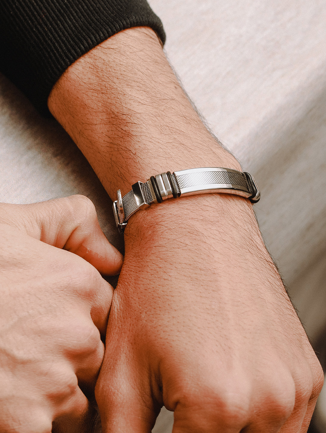 Jazz And Sizzle Rhodium-Plated & Black Wraparound Men Bracelet - Jazzandsizzle