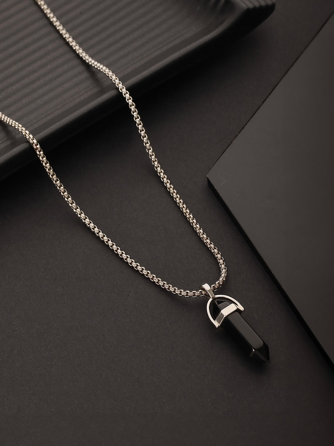 Mens Silver-Toned & Black Silver-Plated Necklace and Inlay Stainless Steel Pendant Necklace