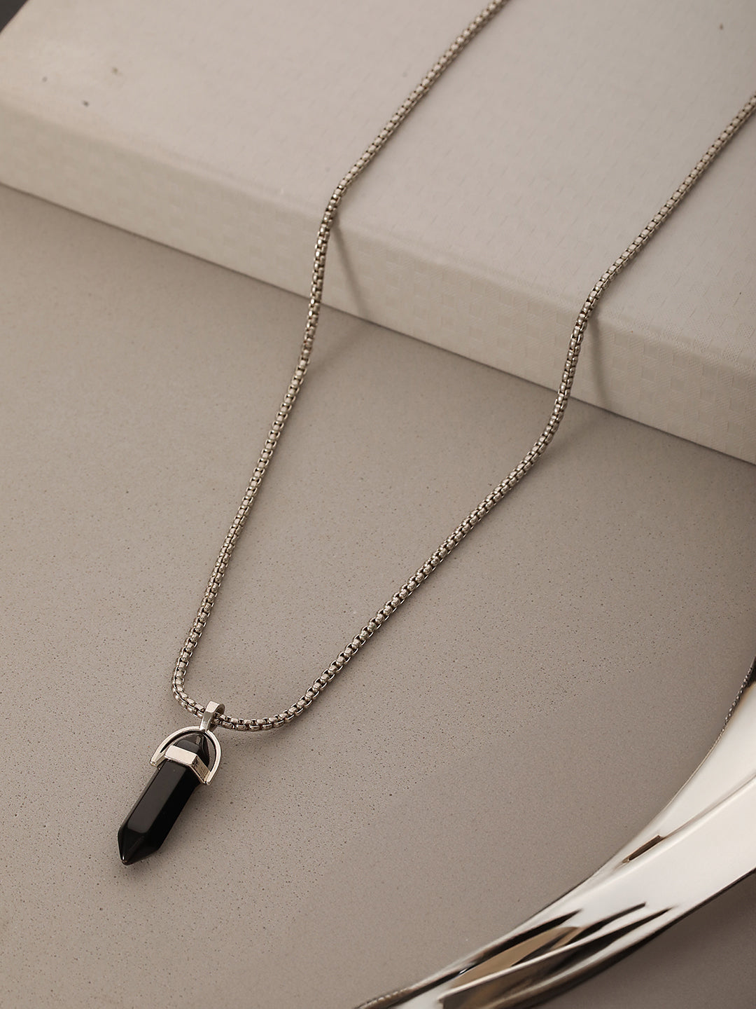 Mens Silver-Toned & Black Silver-Plated Necklace
