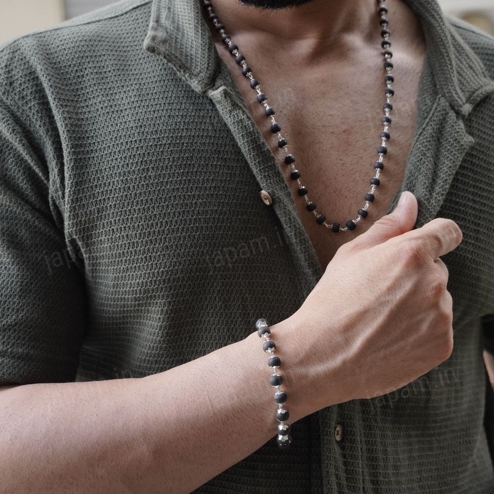 Silver Plated Karungali Mala + Karungali Bracelet Combo For Men-JS-SNC-0014