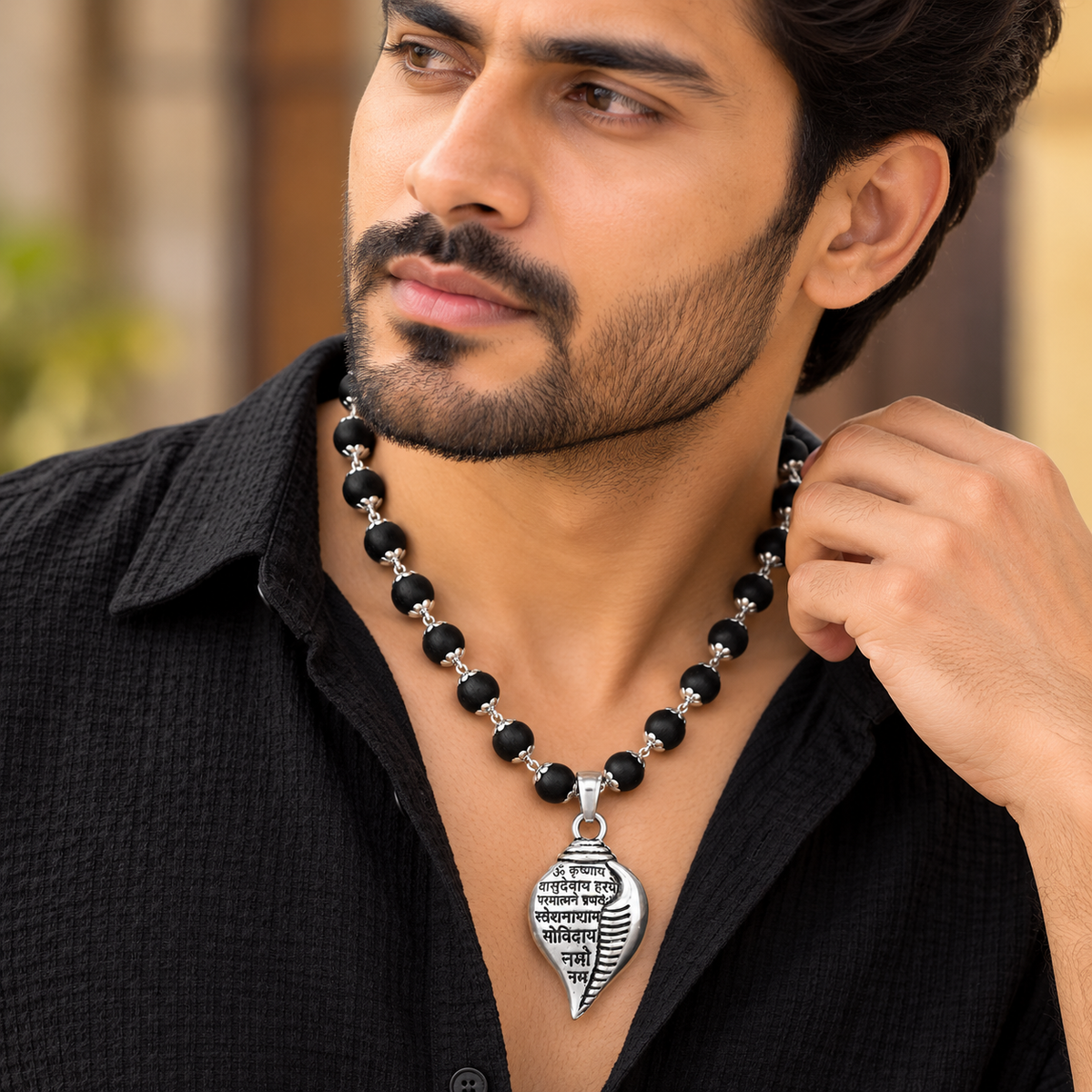 Original Karungali Mala with Silver Plated Shankh Mantra Pendan- JS-SNL-036