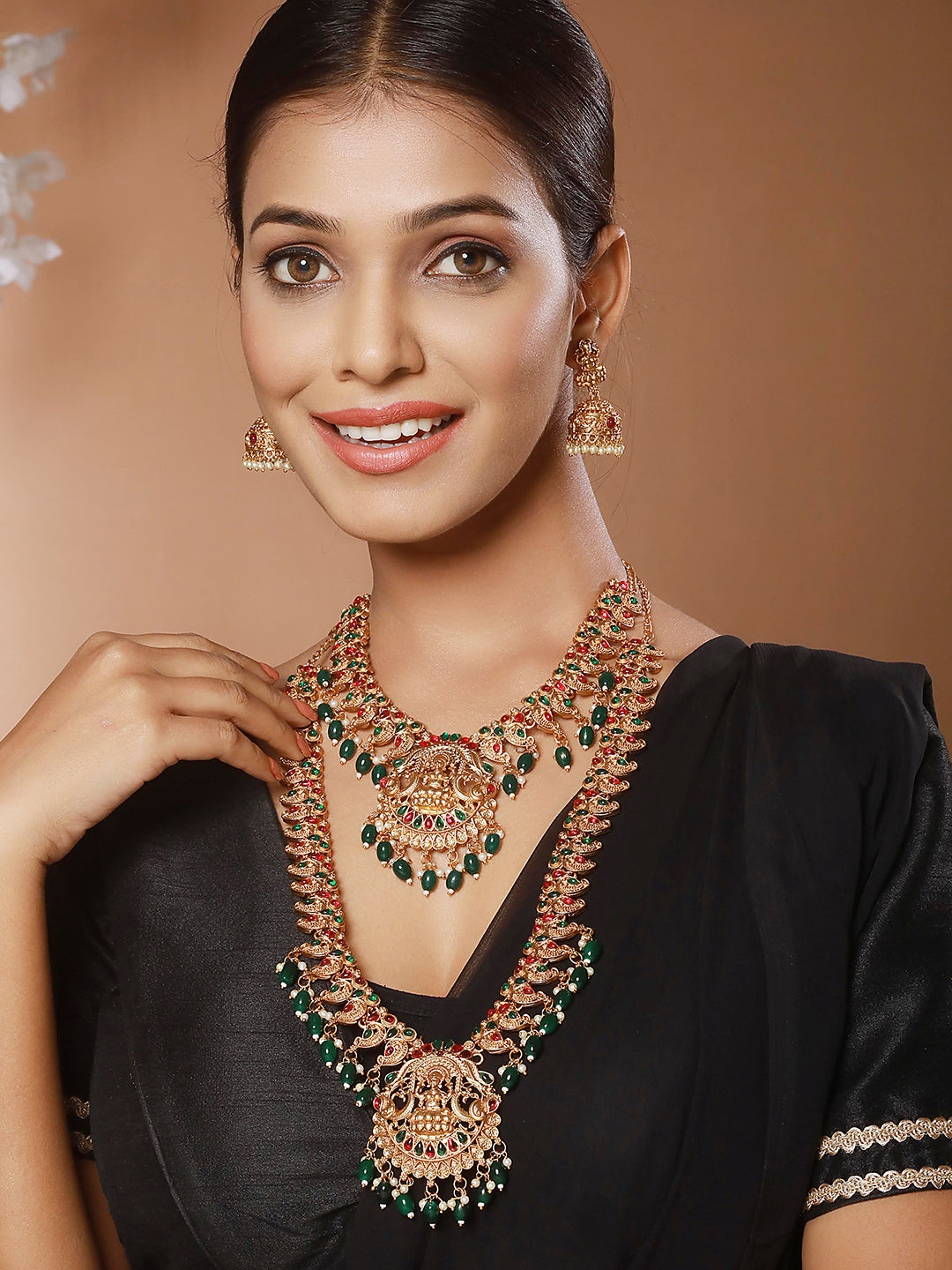 Set Of 2 Green Kemp Stone Studded & Beaded Gold-Plated Peacock Shaped Temple Choker Jewelry Set