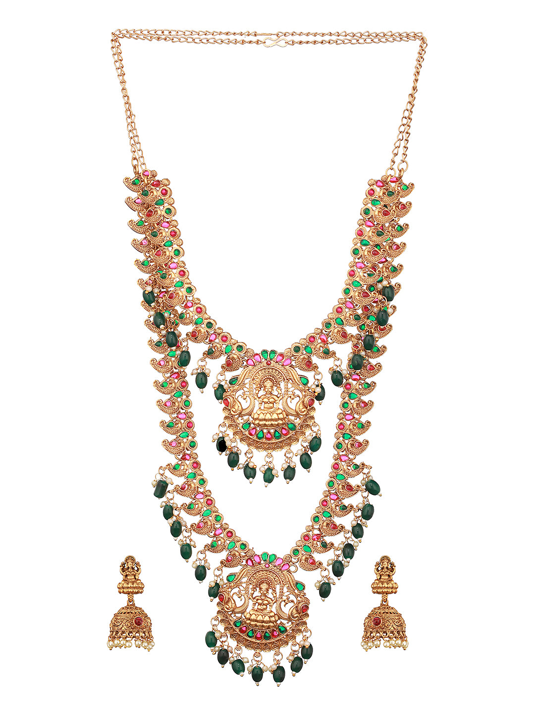 Set Of 2 Green Kemp Stone Studded & Beaded Gold-Plated Peacock Shaped Temple Choker Jewelry Set