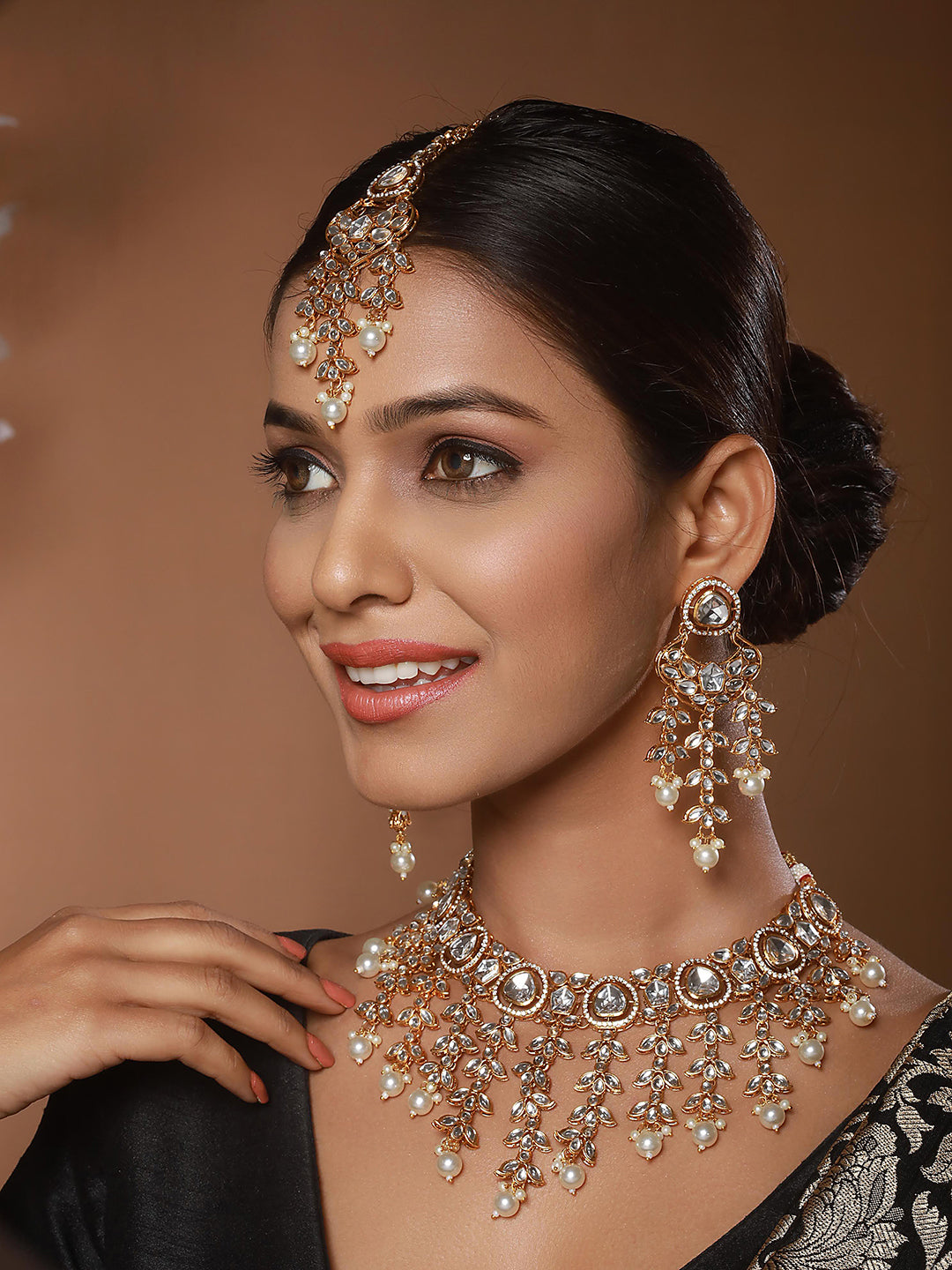 Gold Plated Zircon Stone Studded & Pearl Beaded Jewelry Set