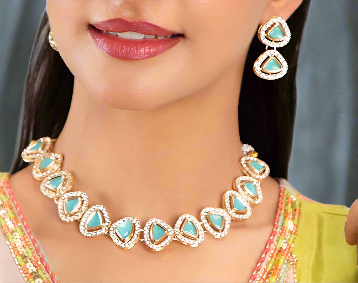 Jazz And Sizzle Traditional Polki & Sky Blue Kundan Studded Gold Plated Jewelry Set