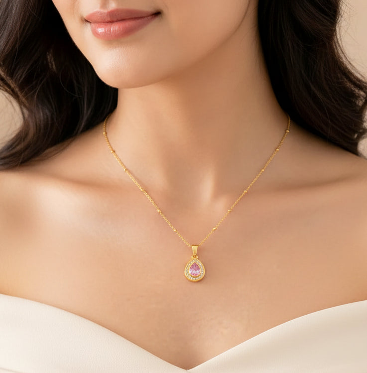 Jazz And Sizzle Pink Aura Gold-Plated Drop Pendant Necklace Chain