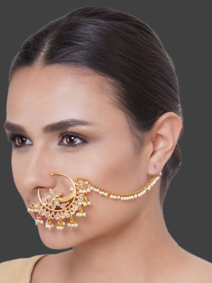 Gold-Plated Kundan Studded & Pearl Beaded with Chain Nath