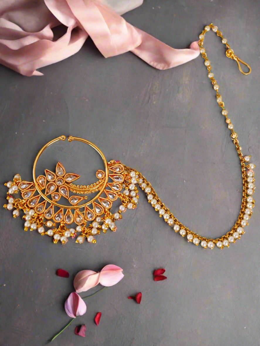 Gold-Plated Kundan Studded & Pearl Beaded with Chain Nath