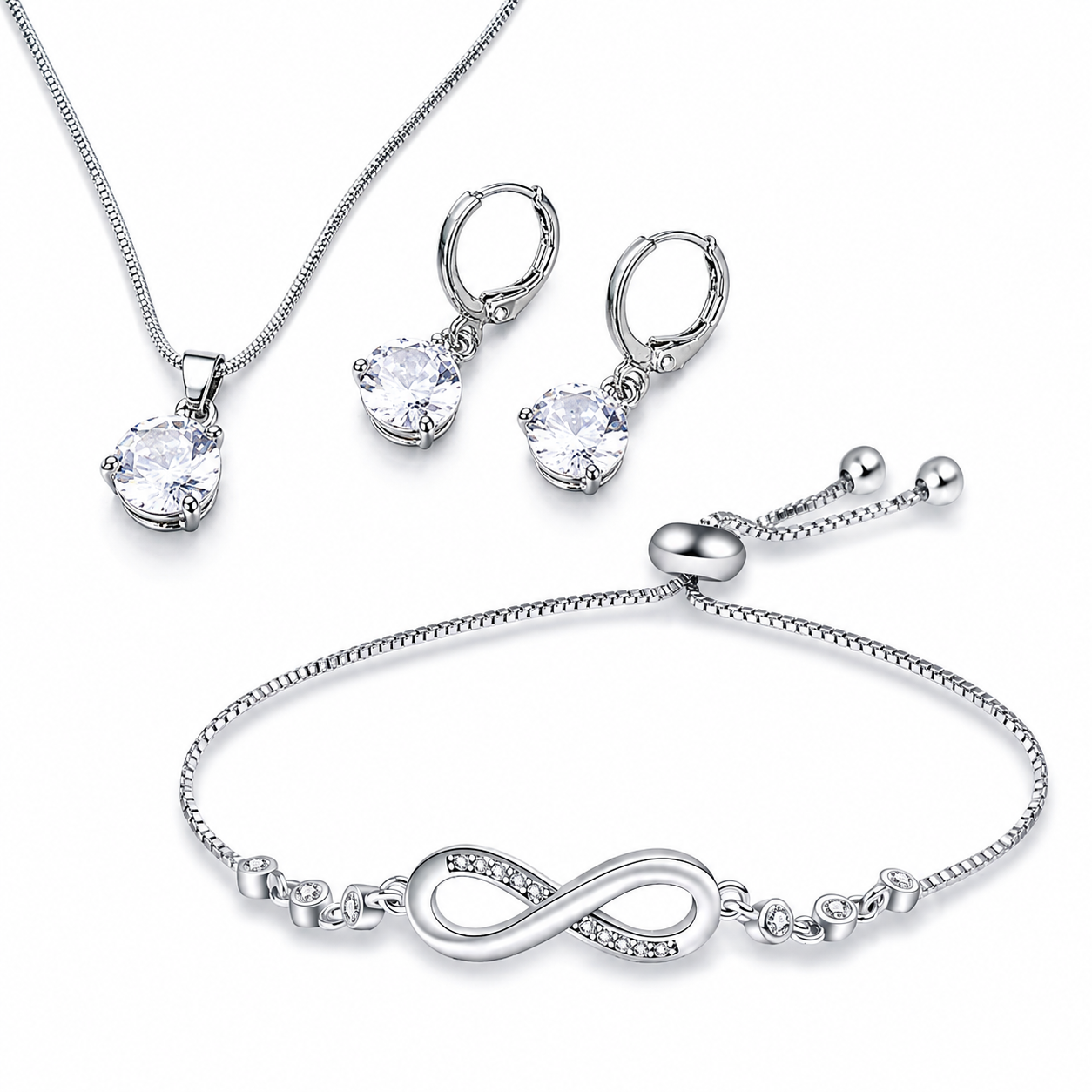Silver-Toned Crystal Pendant Necklace, Drop Earrings & Infinity Bracelet Combo Set for Women-WJ-JS26-NL0180