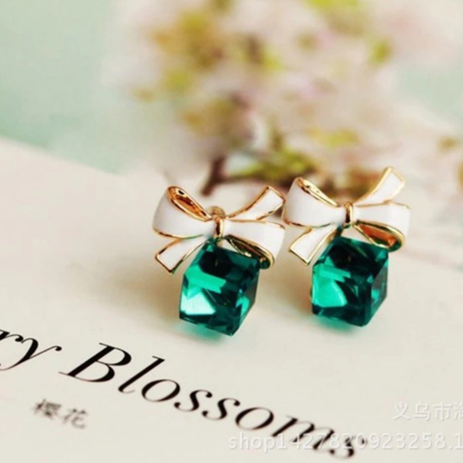 Elegant White Bow & Green Crystal Earrings for Women