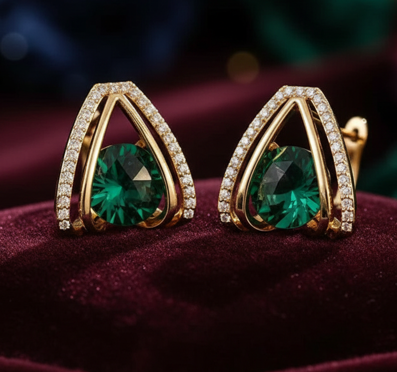 Jazz And Sizzle Green Gemstones & Zircons Gold Plated Stud Earrings