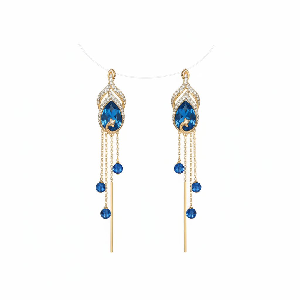 Jazz And Sizzle Gold Plated and Blue Stone Studded Long Danglers Earrings