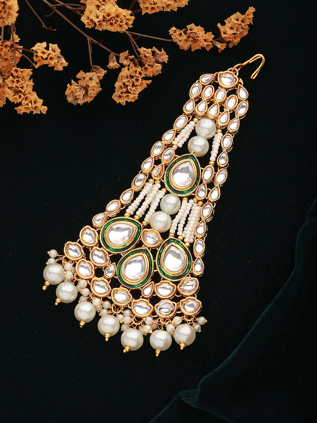 Jazz And Sizzle Gold-Plated Green & White Kundan Studded & Pearl Beaded Jhumar Passa