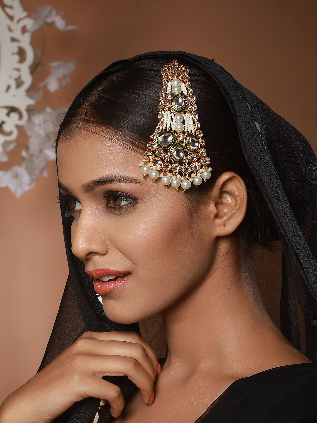 Jazz And Sizzle Gold-Plated Green & White Kundan Studded & Pearl Beaded Jhumar Passa