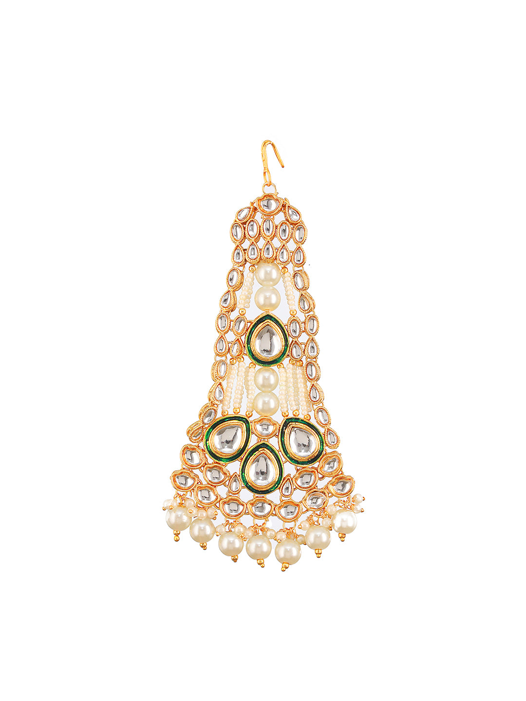 Jazz And Sizzle Gold-Plated Green & White Kundan Studded & Pearl Beaded Jhumar Passa