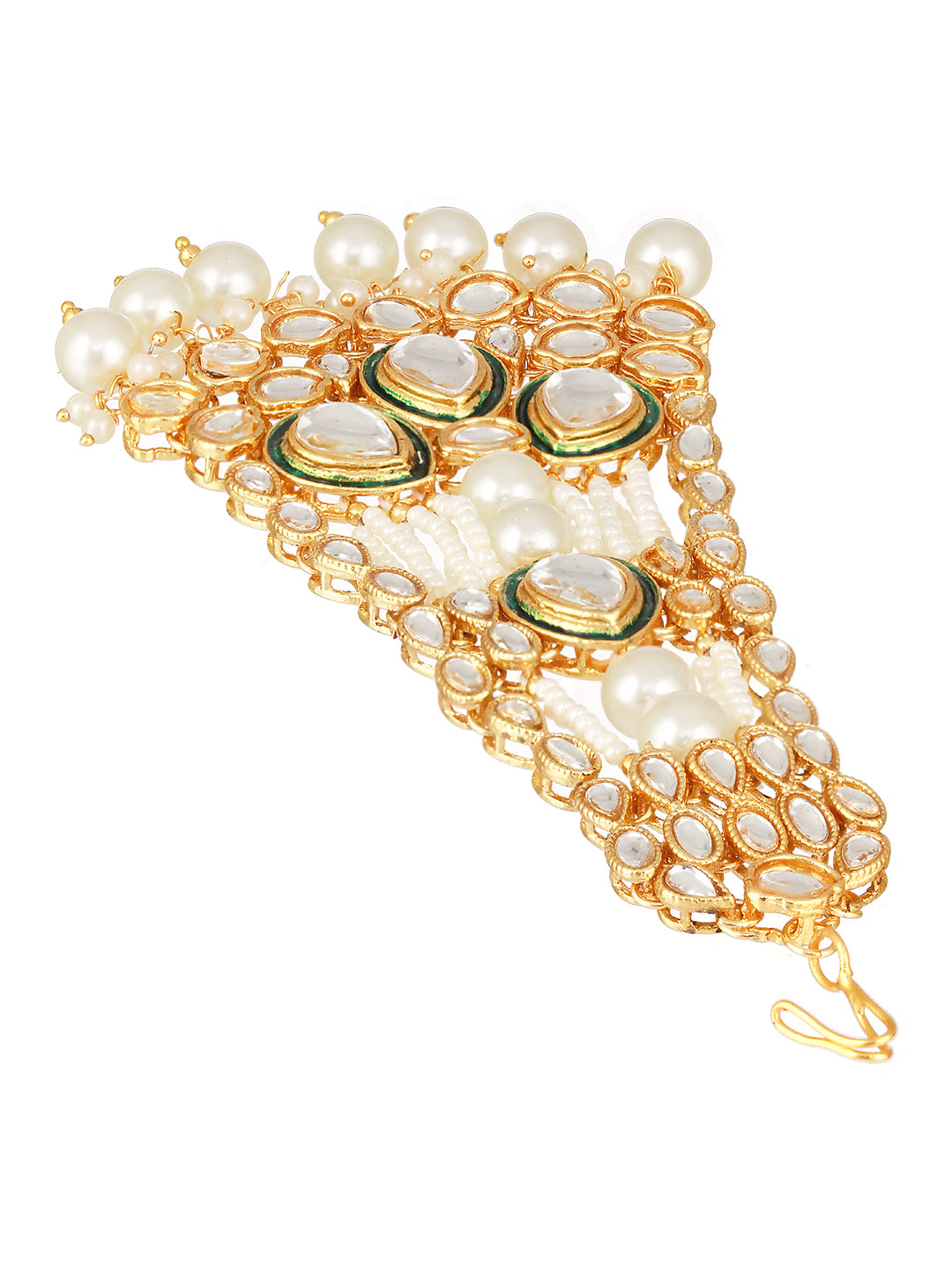 Jazz And Sizzle Gold-Plated Green & White Kundan Studded & Pearl Beaded Jhumar Passa
