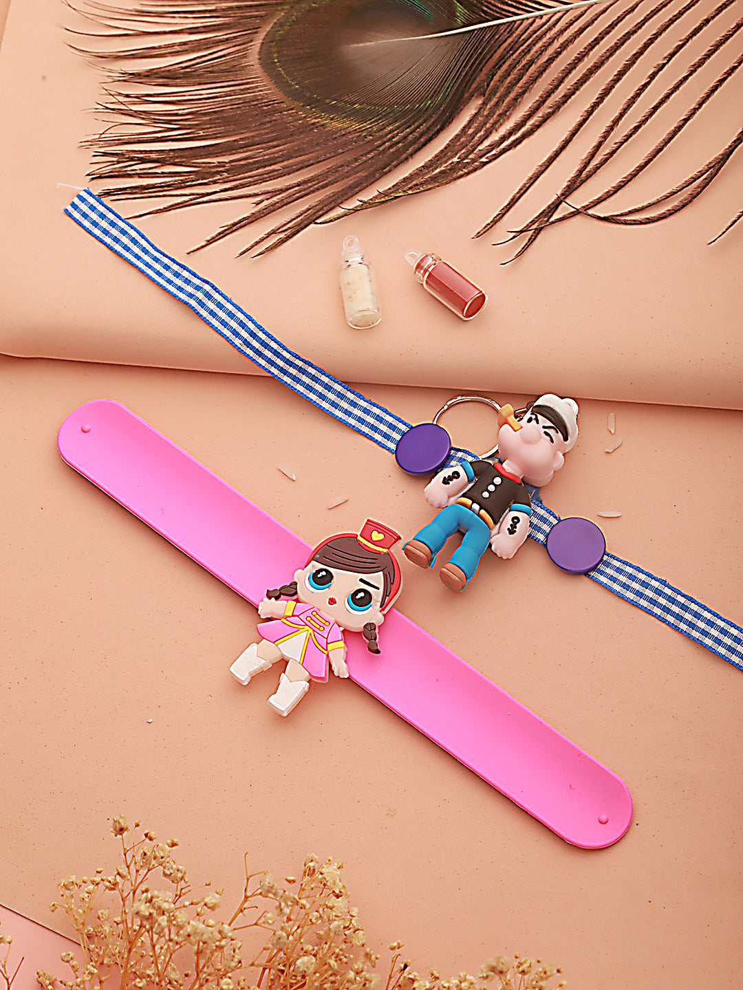 Set Of 2 Popeye Cartoon & Girl Band Kids Rakhi With Roli & Chawal