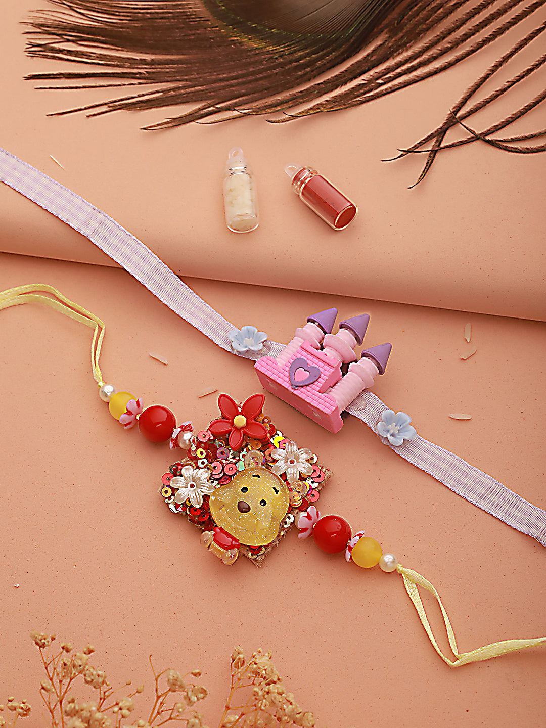 Unisex Set Of 2 Pooh Cartoon & Princess Castle Shape Eraser Kids Rakhi With Roli & Chawal