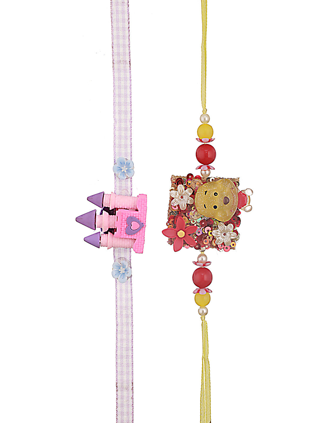 Unisex Set Of 2 Pooh Cartoon & Princess Castle Shape Eraser Kids Rakhi With Roli & Chawal