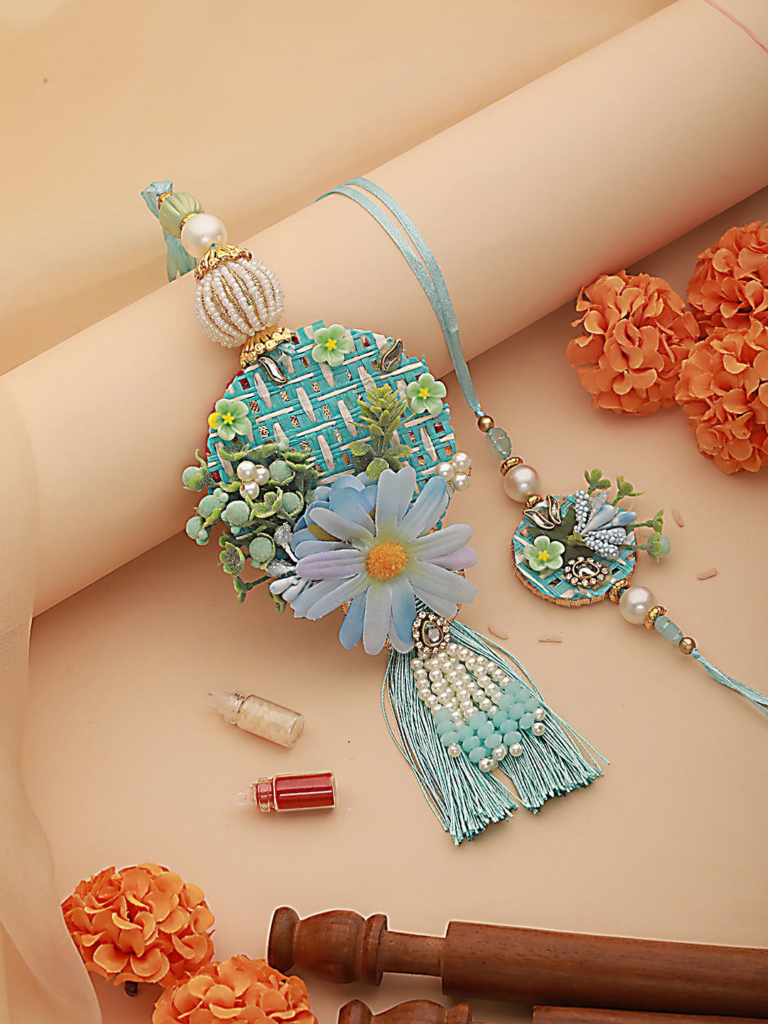 Jazz And Sizzle Set Of 2 Floral Work Tasseled Bhaiya Bhabhi Rakhi With Roli & Chawal