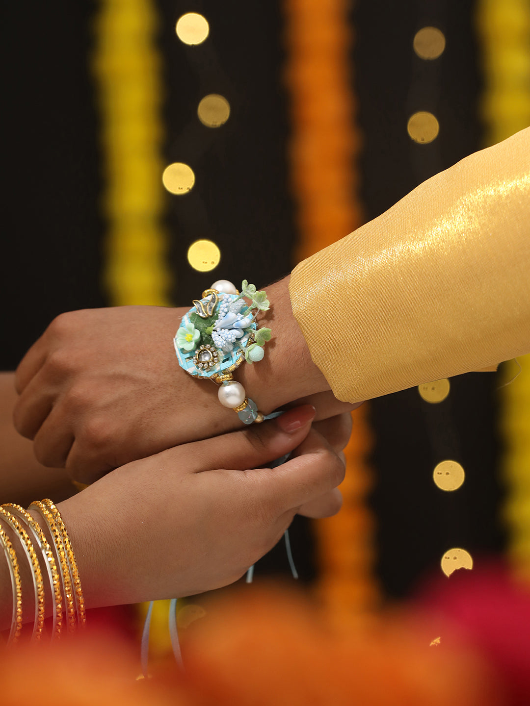 Jazz And Sizzle Set Of 2 Floral Work Tasseled Bhaiya Bhabhi Rakhi With Roli & Chawal