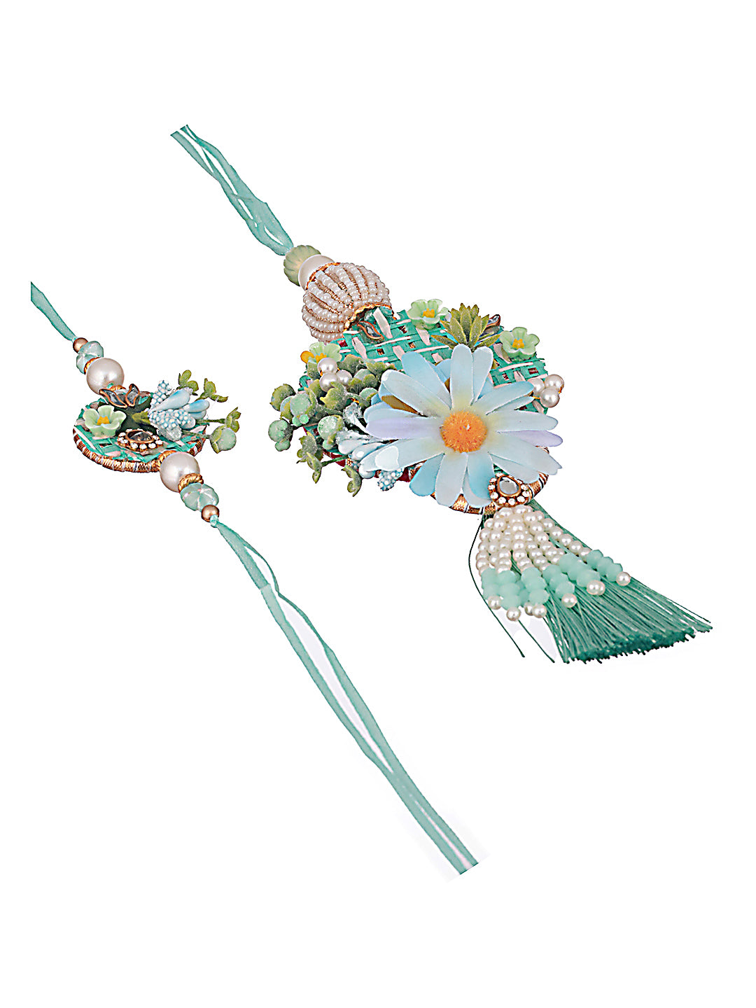 Jazz And Sizzle Set Of 2 Floral Work Tasseled Bhaiya Bhabhi Rakhi With Roli & Chawal