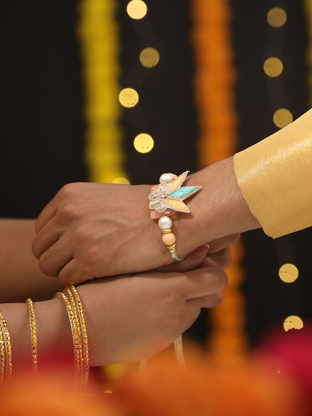 Jazz And Sizzle Unisex Set Of 2 Stone Studded & Floral Rakhi With Roli & Chawal