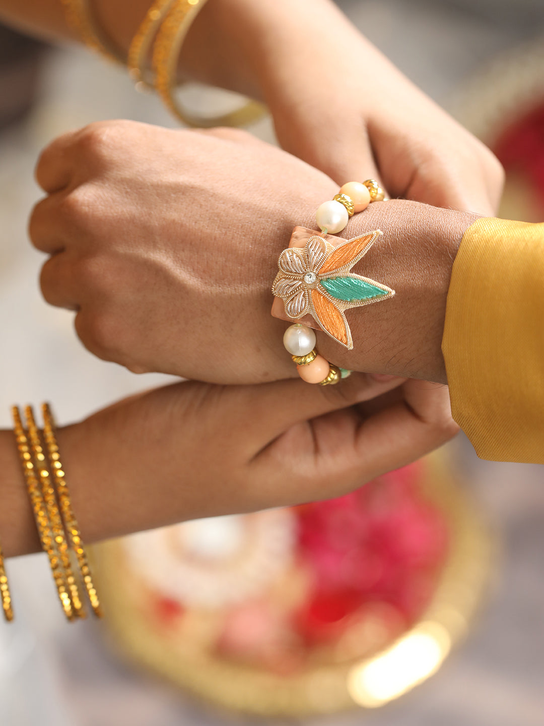 Jazz And Sizzle Unisex Set Of 2 Stone Studded & Floral Rakhi With Roli & Chawal