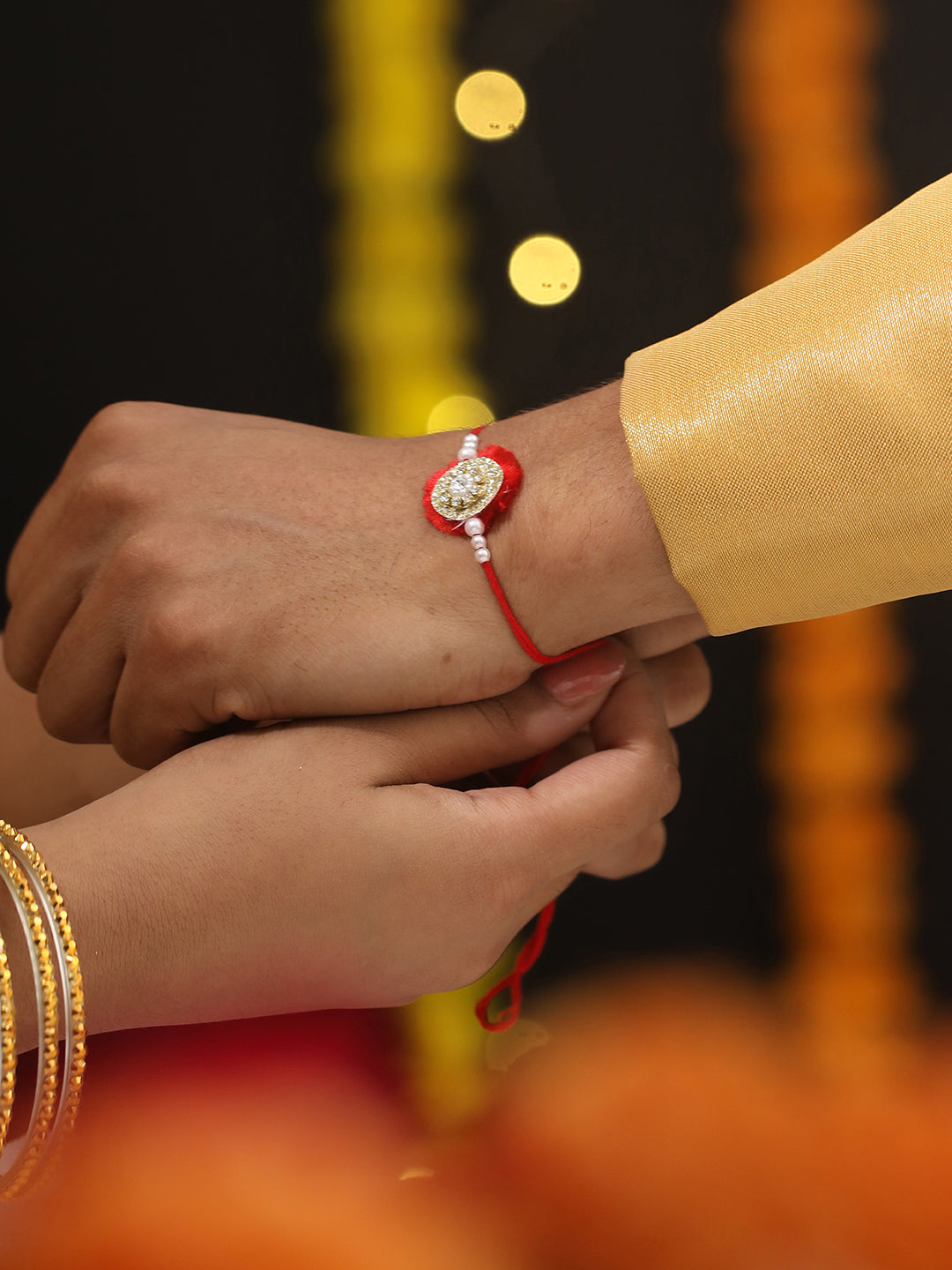 Jazz And Sizzle Unisex Set Of 2 Red & Yellow Leaf Shaped Rakhi With Roli & Chawal