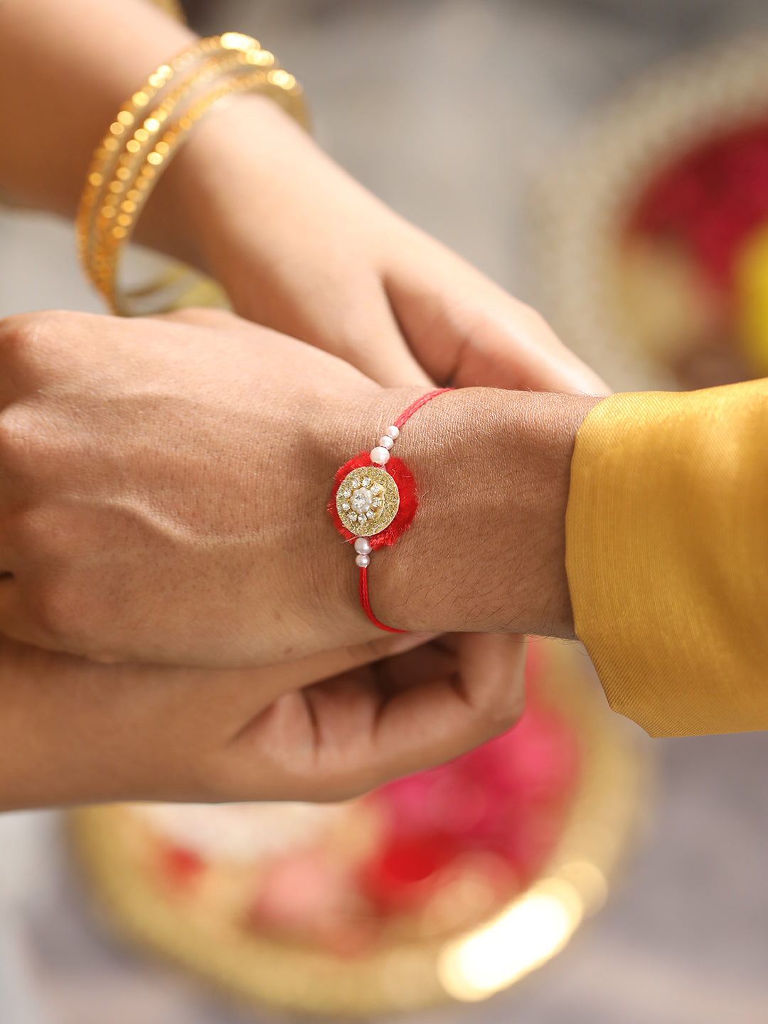 Jazz And Sizzle Unisex Set Of 2 Red & Yellow Leaf Shaped Rakhi With Roli & Chawal