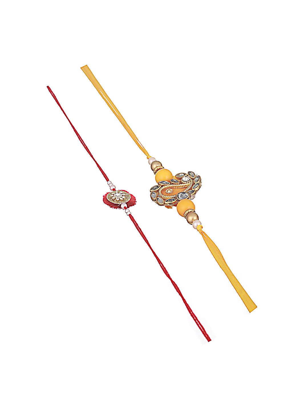 Jazz And Sizzle Unisex Set Of 2 Red & Yellow Leaf Shaped Rakhi With Roli & Chawal