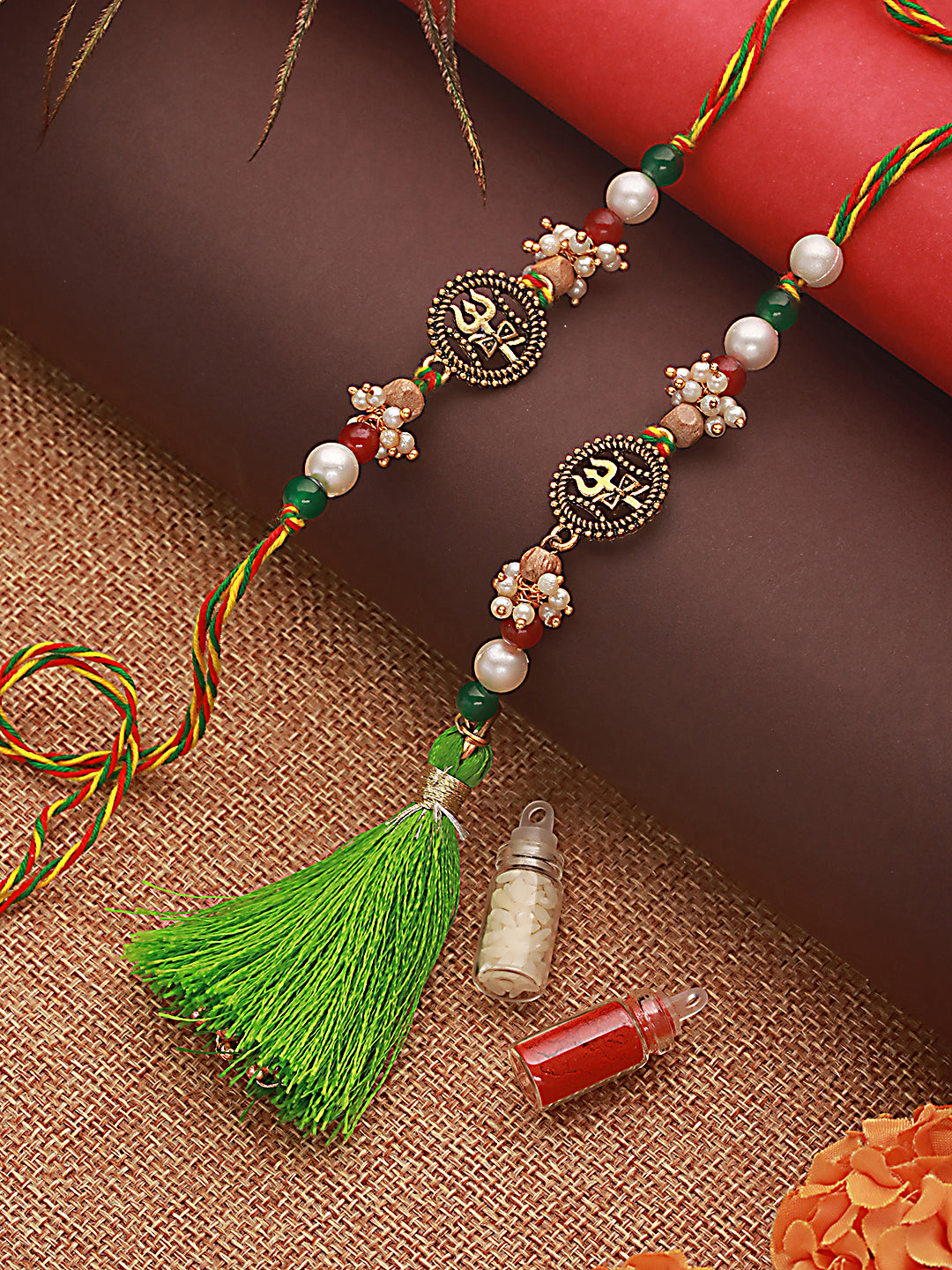 Jazz And Sizzle Set Of 2 Trishul & Pearl Beaded Bhaiya Bhabhi Tasseled Rakhi