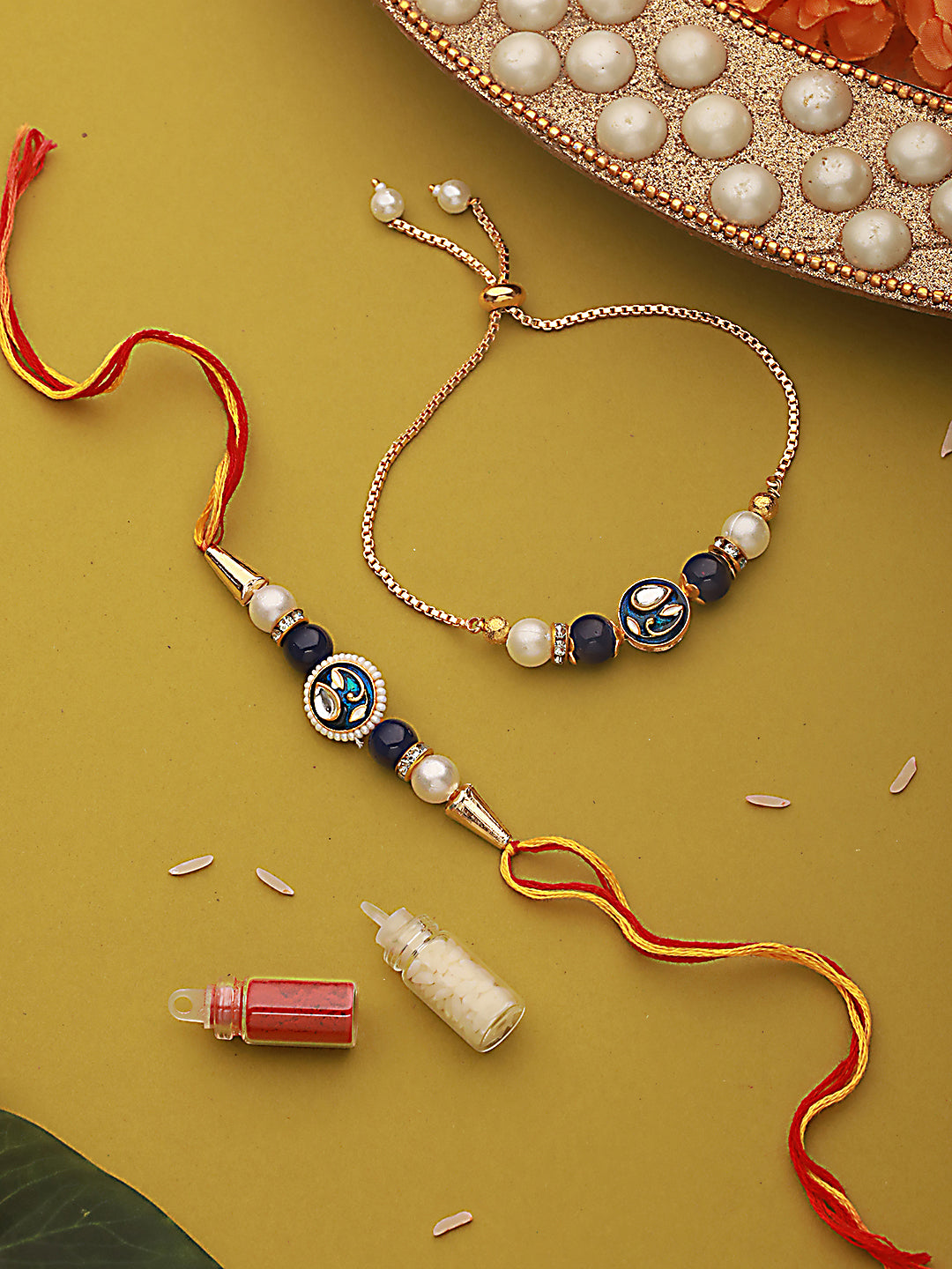 Jazz And Sizzle Set Of 2 Kundan Studded & Pearl Beaded Bhaiya Bhabhi Chain Rakhi