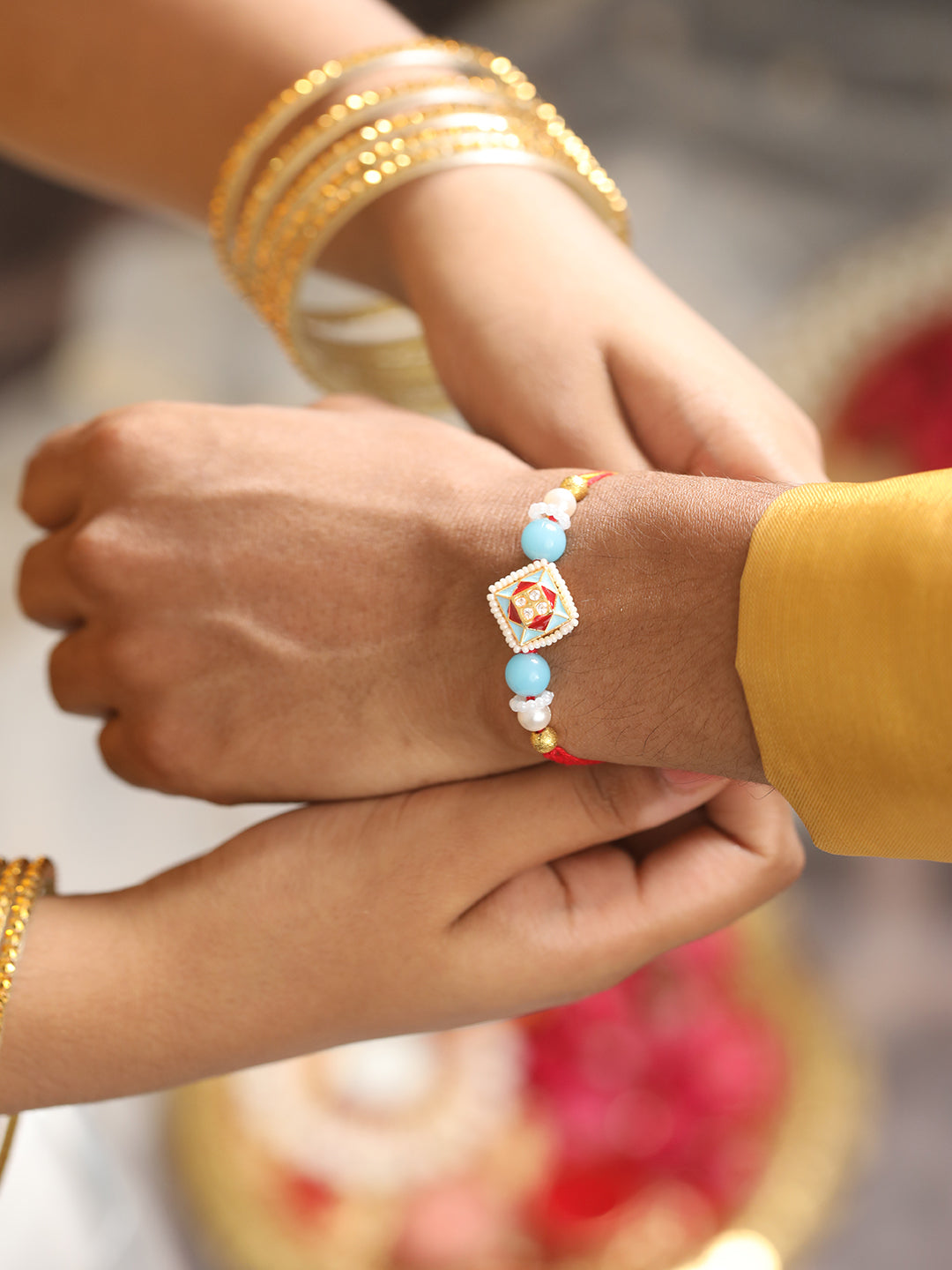 Jazz And Sizzle Set Of 2 Kundan Studded & Pearl Beaded Minakari Bhaiya Bhabhi Chain Rakhi With Roli & Chawal