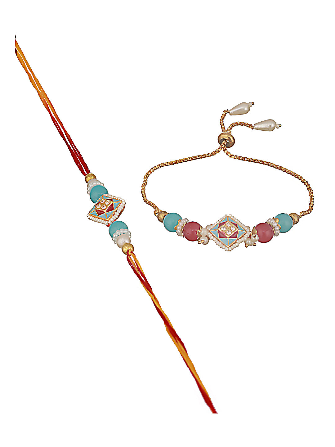 Jazz And Sizzle Set Of 2 Kundan Studded & Pearl Beaded Minakari Bhaiya Bhabhi Chain Rakhi With Roli & Chawal