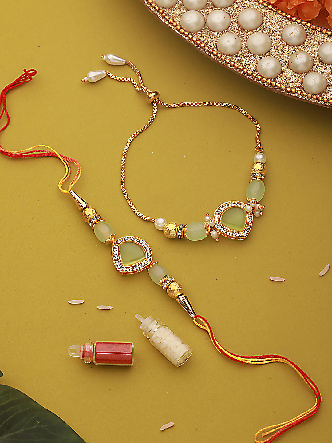 Set Of 2 Mint Green Stone & Cz Studded Bhaiya Bhabhi Chain Rakhi With Roli & Chawal