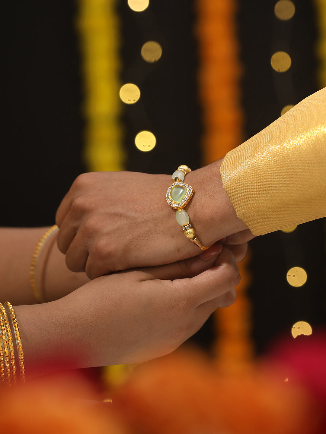 Set Of 2 Mint Green Stone & Cz Studded Bhaiya Bhabhi Chain Rakhi With Roli & Chawal