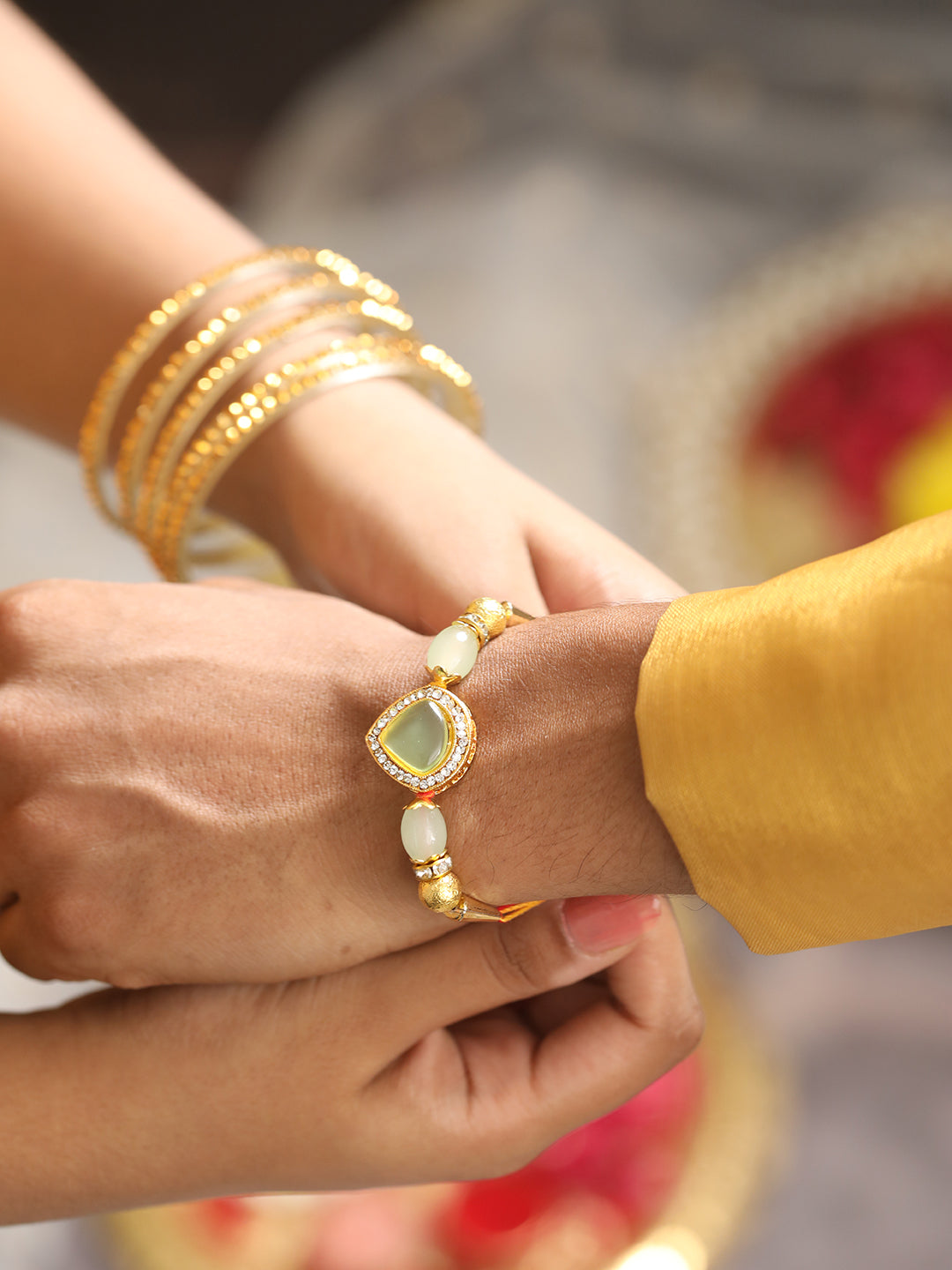 Set Of 2 Mint Green Stone & Cz Studded Bhaiya Bhabhi Chain Rakhi With Roli & Chawal