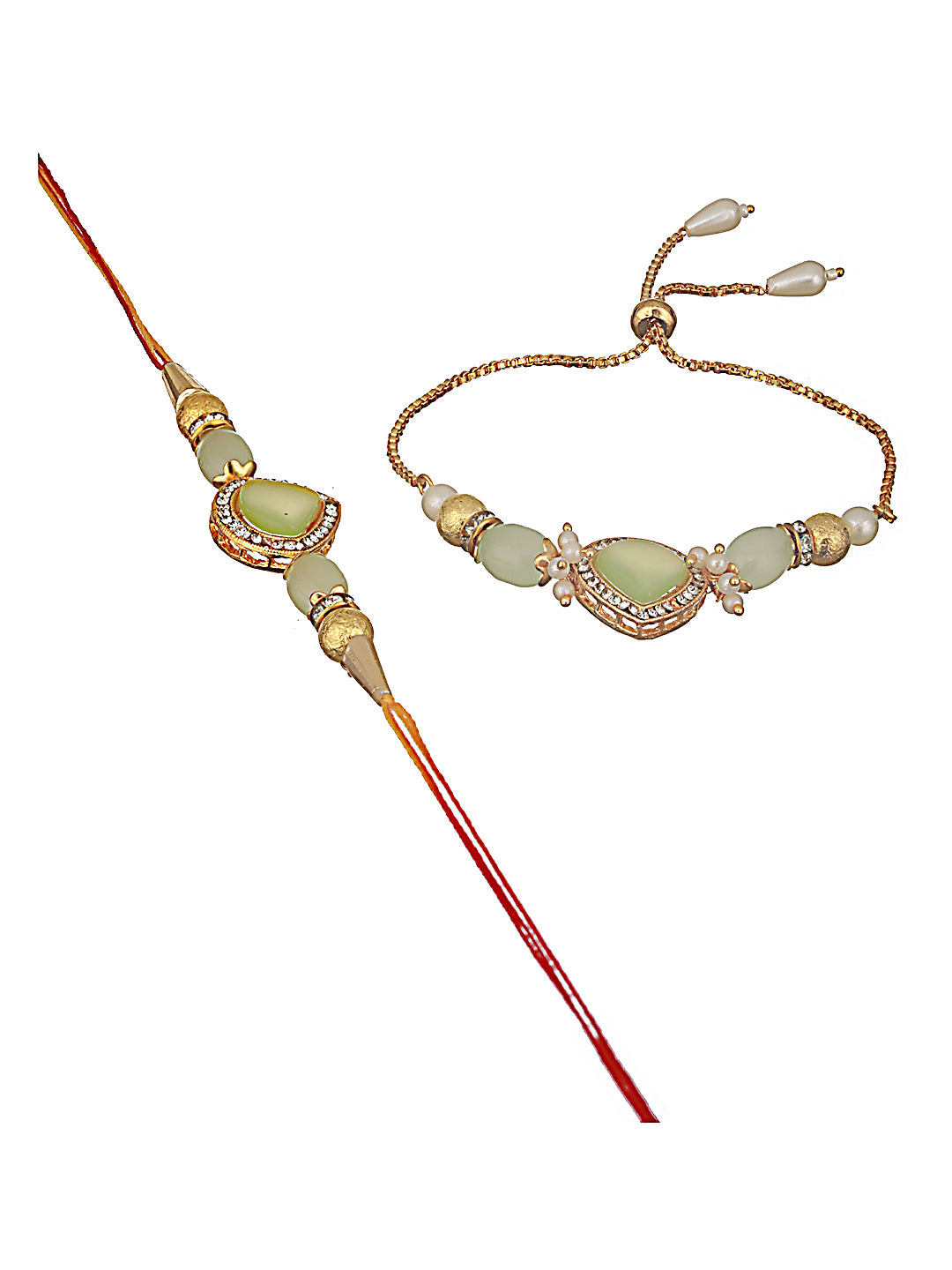 Set Of 2 Mint Green Stone & Cz Studded Bhaiya Bhabhi Chain Rakhi With Roli & Chawal