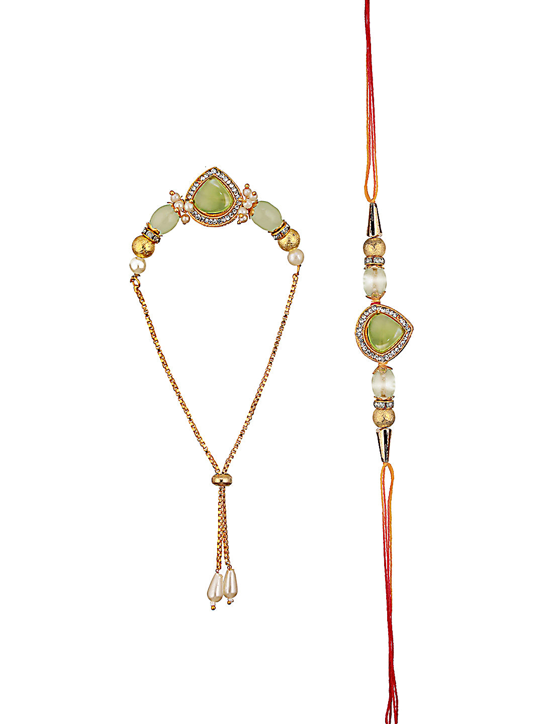 Set Of 2 Mint Green Stone & Cz Studded Bhaiya Bhabhi Chain Rakhi With Roli & Chawal