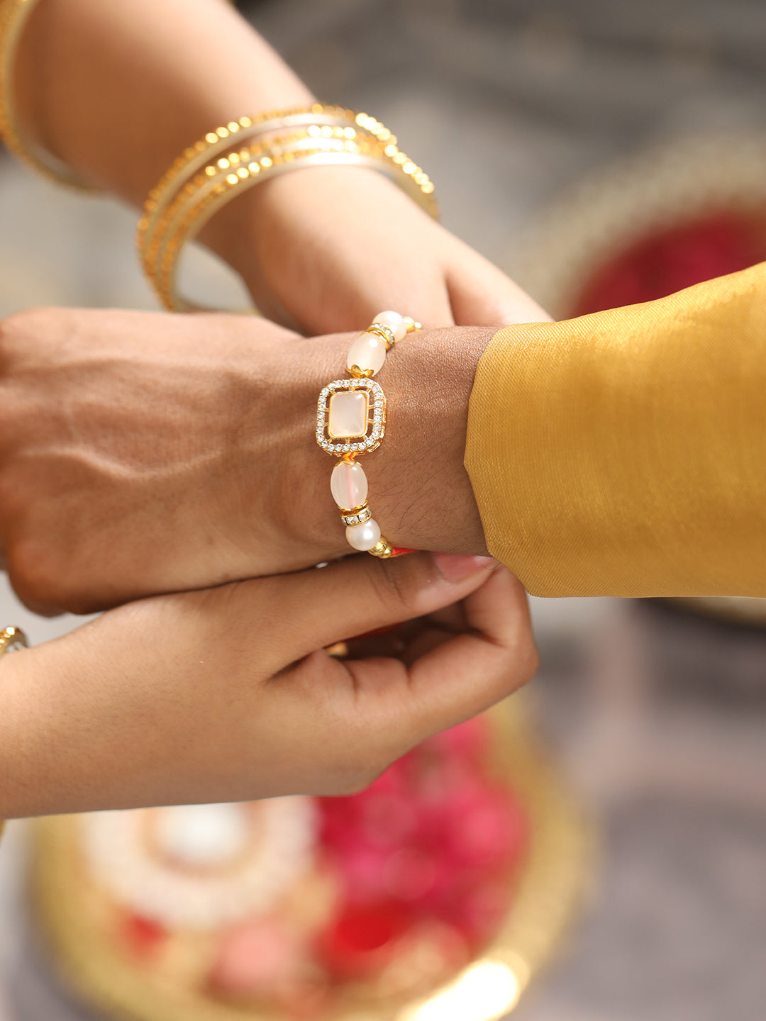 Set Of 2 Baby Pink Stone & Cz Studded Bhaiya Bhabhi Chain Rakhi With Roli & Chawal